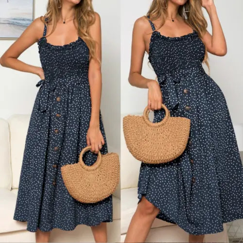 Charming Polka Dot Summer Maxi Dress with Spaghetti Straps for Women Yellow Pandora