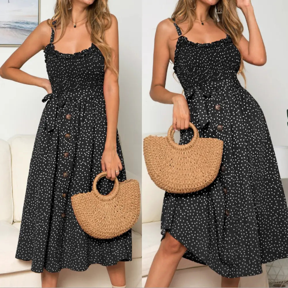 Charming Polka Dot Summer Maxi Dress with Spaghetti Straps for Women Yellow Pandora