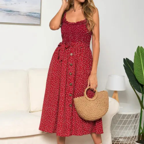 Charming Polka Dot Summer Maxi Dress with Spaghetti Straps for Women Yellow Pandora