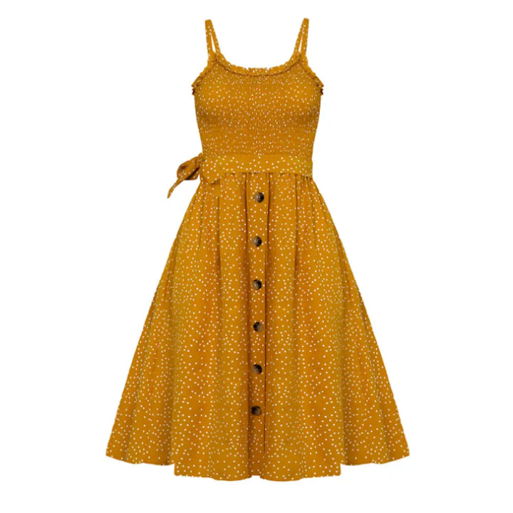 Charming Polka Dot Summer Maxi Dress with Spaghetti Straps for Women Yellow Pandora