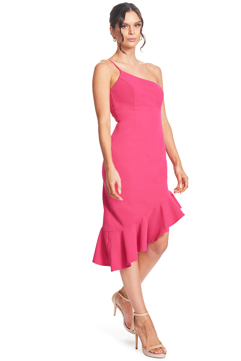 Fuchsia Flair Ruffle Dress - Asymmetric Hem with Adjustable Strap Peach Dionysus