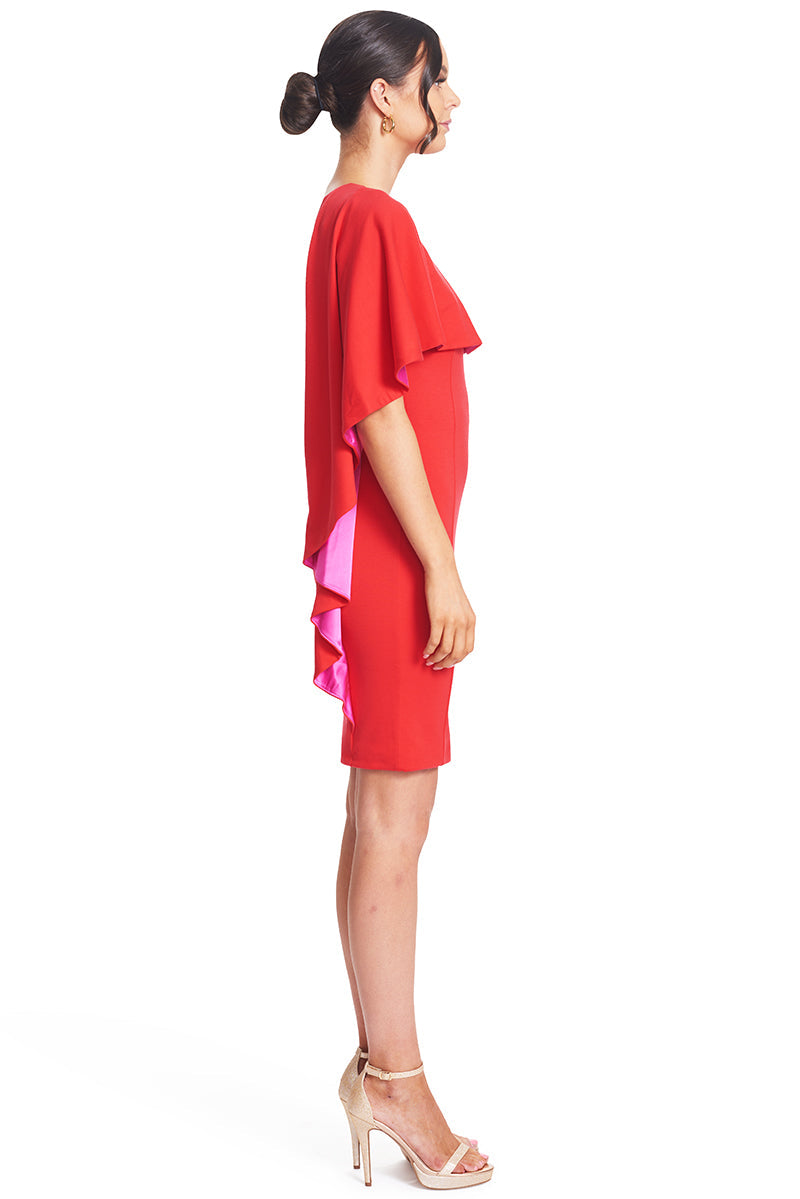 Shero Bold Contrast Satin Cape Dress - Eye-Catching Ponte Body-Con Design Peach Dionysus