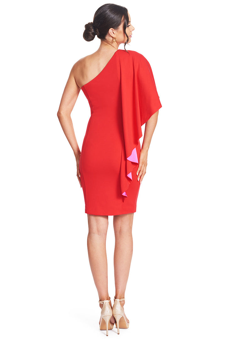 Shero Bold Contrast Satin Cape Dress - Eye-Catching Ponte Body-Con Design Peach Dionysus