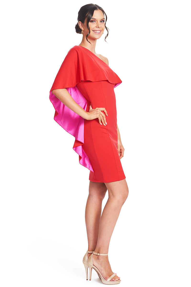 Shero Bold Contrast Satin Cape Dress - Eye-Catching Ponte Body-Con Design Peach Dionysus