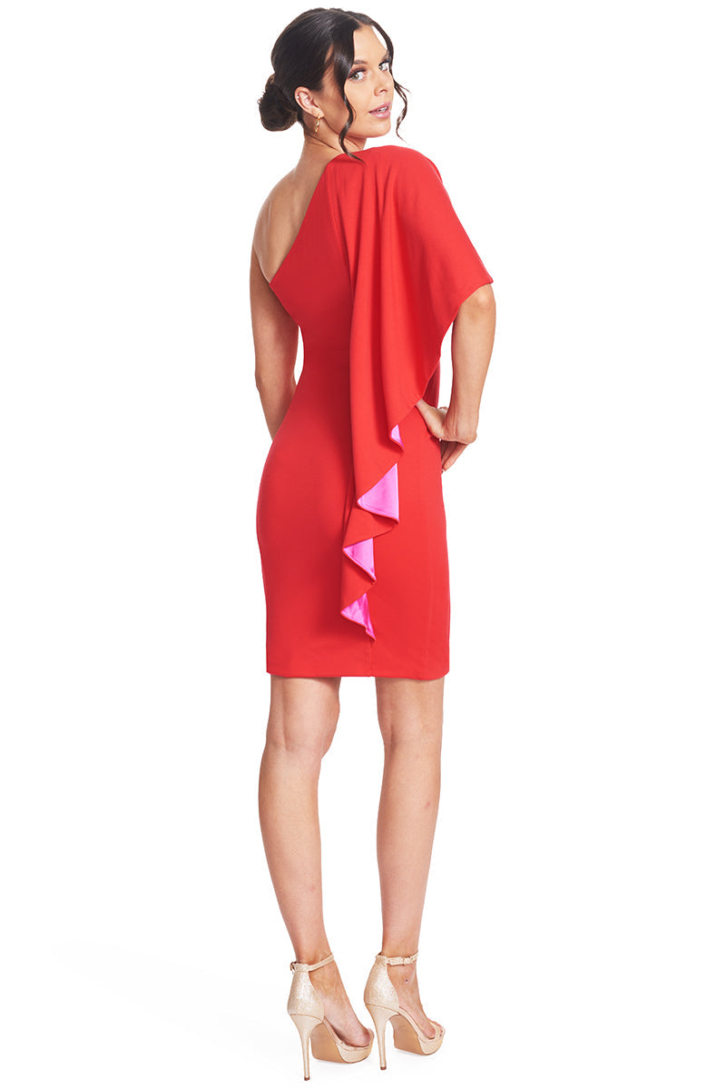 Shero Bold Contrast Satin Cape Dress - Eye-Catching Ponte Body-Con Design Peach Dionysus