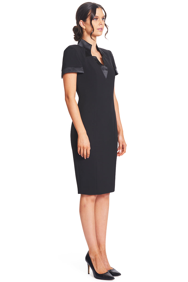 Elegant Notch Neck Midi Sheath Dress with Satin Details Peach Dionysus