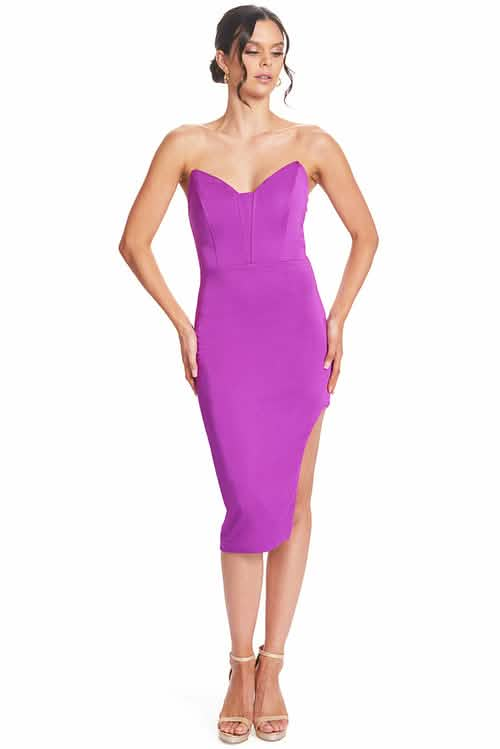 Magenta Satin Body-Con Midi Dress with Asymmetric Cut-Out and Corset Design Peach Dionysus