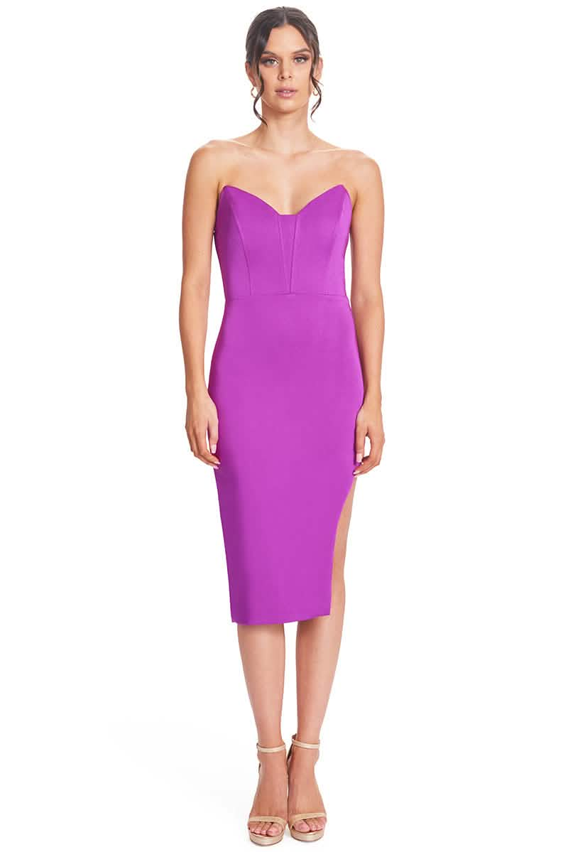 Magenta Satin Body-Con Midi Dress with Asymmetric Cut-Out and Corset Design Peach Dionysus