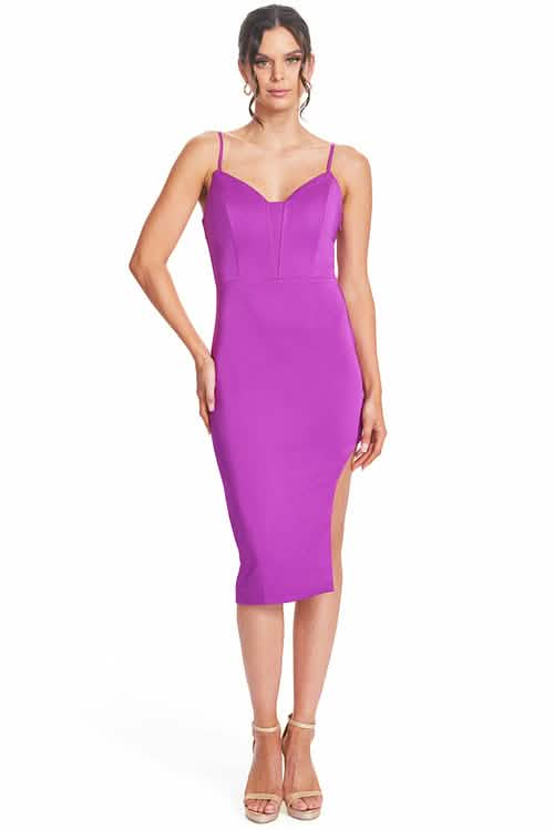 Magenta Satin Body-Con Midi Dress with Asymmetric Cut-Out and Corset Design Peach Dionysus