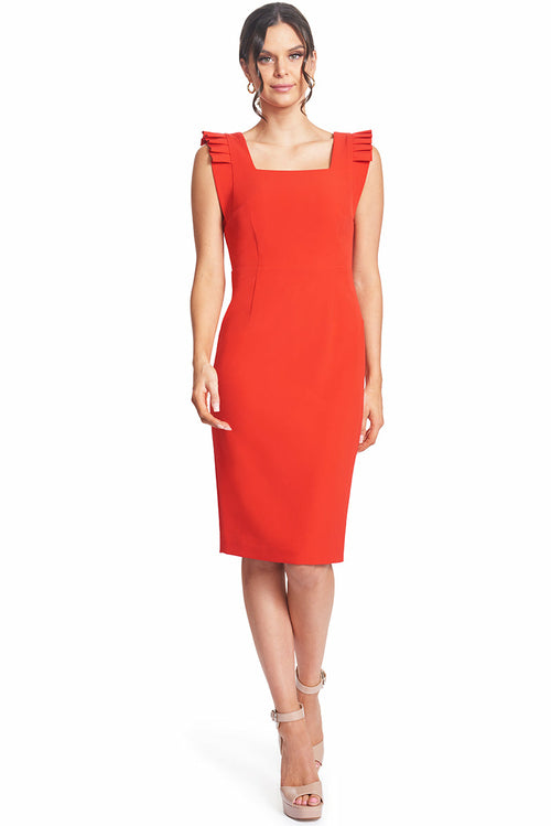 Crimson Elegance - Midi Dress with Square Neck and Pleated Shoulders Peach Dionysus