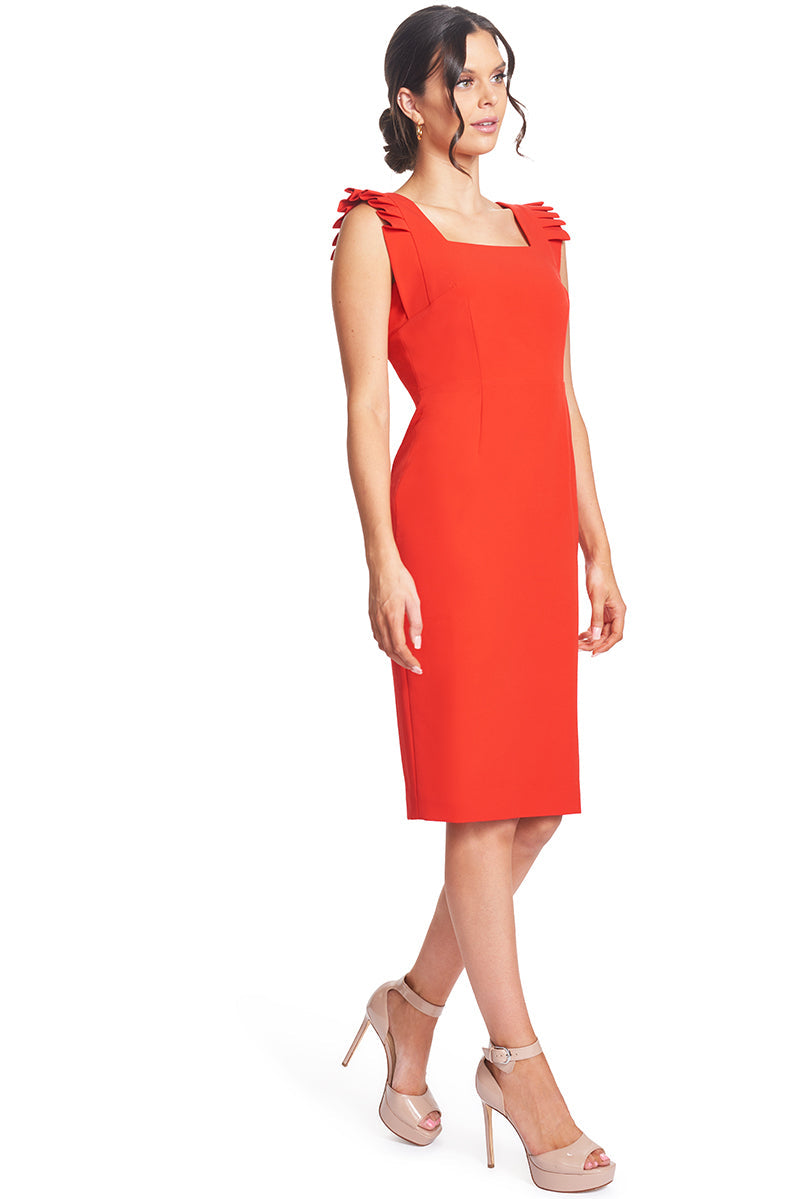 Crimson Elegance - Midi Dress with Square Neck and Pleated Shoulders Peach Dionysus