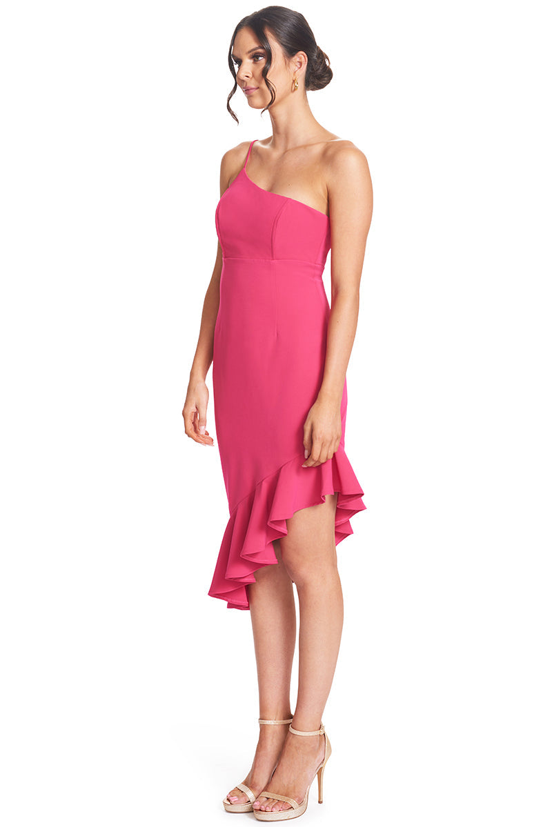 Fuchsia Flair Ruffle Dress - Asymmetric Hem with Adjustable Strap Peach Dionysus