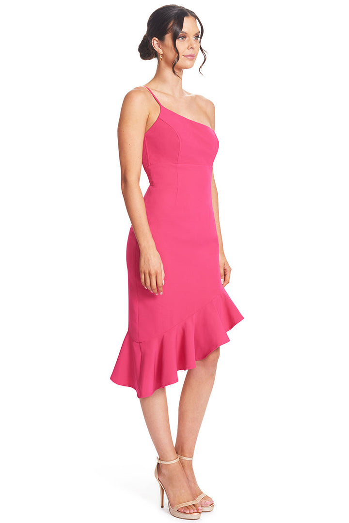 Fuchsia Flair Ruffle Dress - Asymmetric Hem with Adjustable Strap Peach Dionysus