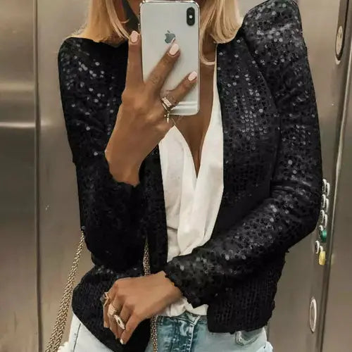 Chic Sequin-Accented Women's Jacket with Stylish Stand Collar Silver Sam