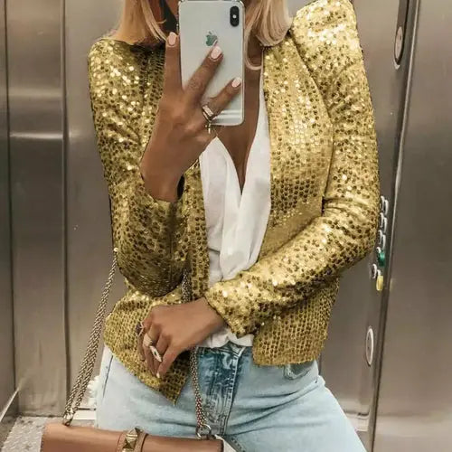 Chic Sequin-Accented Women's Jacket with Stylish Stand Collar Silver Sam