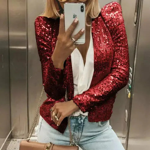 Chic Sequin-Accented Women's Jacket with Stylish Stand Collar Silver Sam