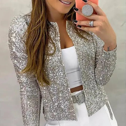 Chic Sequin-Accented Women's Jacket with Stylish Stand Collar Silver Sam