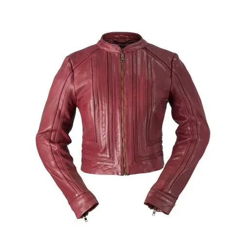 Chic Oxblood Geometric Cropped Leather Jacket for Women Orange Pontus