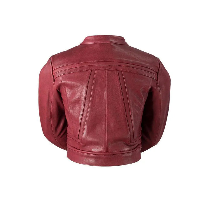 Chic Oxblood Geometric Cropped Leather Jacket for Women Orange Pontus