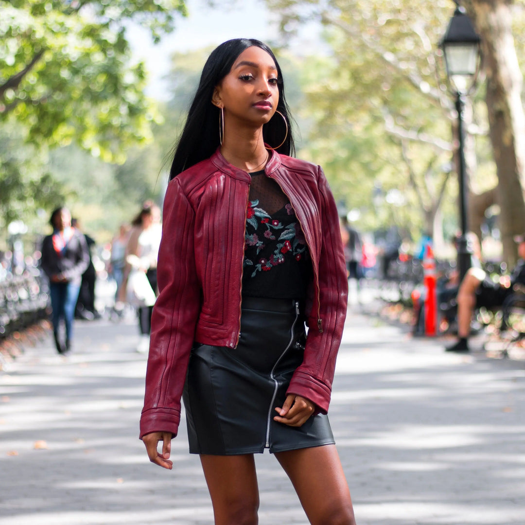 Chic Oxblood Geometric Cropped Leather Jacket for Women Orange Pontus