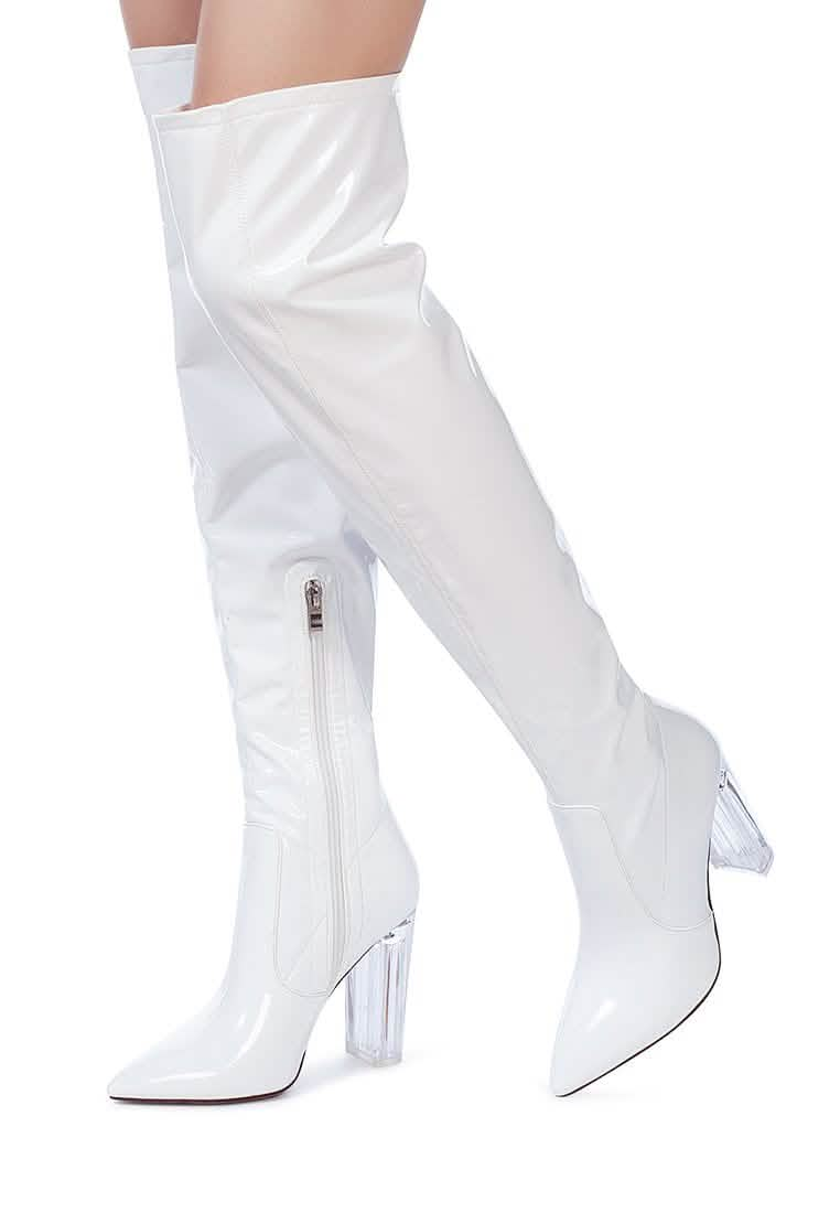 Gorgeous Patent PU Over-the-Knee Boots with Transparent Block Heels Ruby Smudge