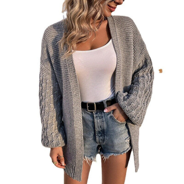 Oversized Solid Knit Cardigan with Long Lantern Sleeves and Pockets Silver Sam