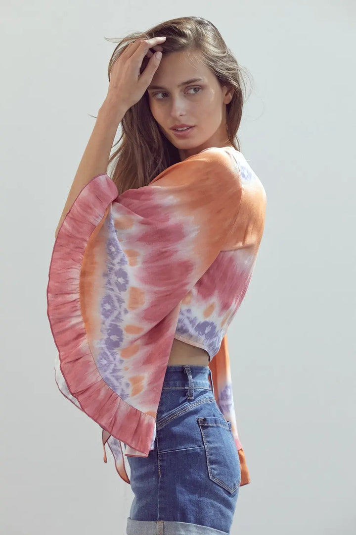 Frilly Sleeve Tie-Dye Cropped Cardigan with Front Knot Indigo Arrowwood