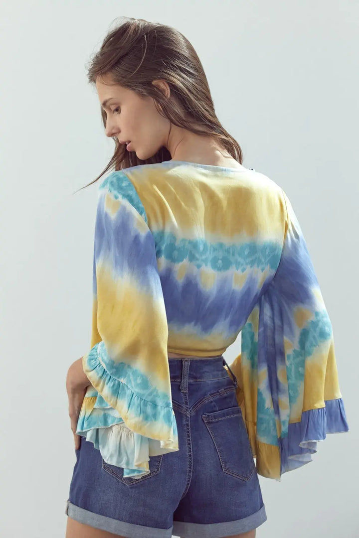 Frilly Sleeve Tie-Dye Cropped Cardigan with Front Knot Indigo Arrowwood