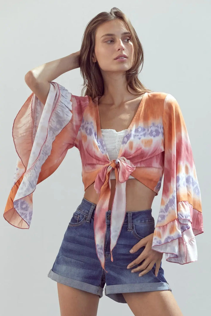 Frilly Sleeve Tie-Dye Cropped Cardigan with Front Knot Indigo Arrowwood