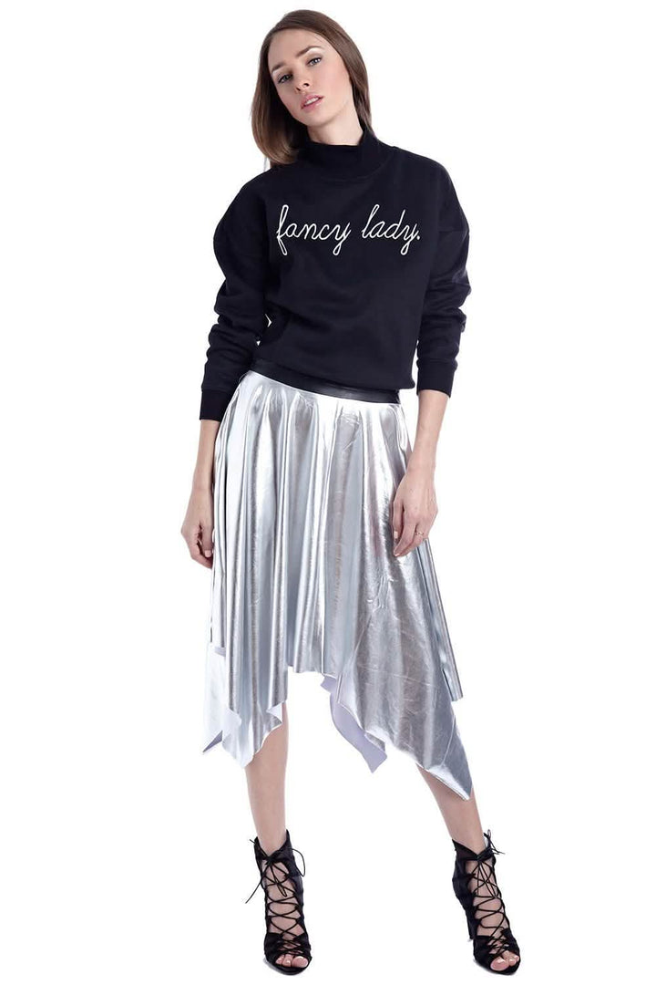 Glistening Silver Pleated Midi Skirt with Chic Leather Waistband Erin Theia