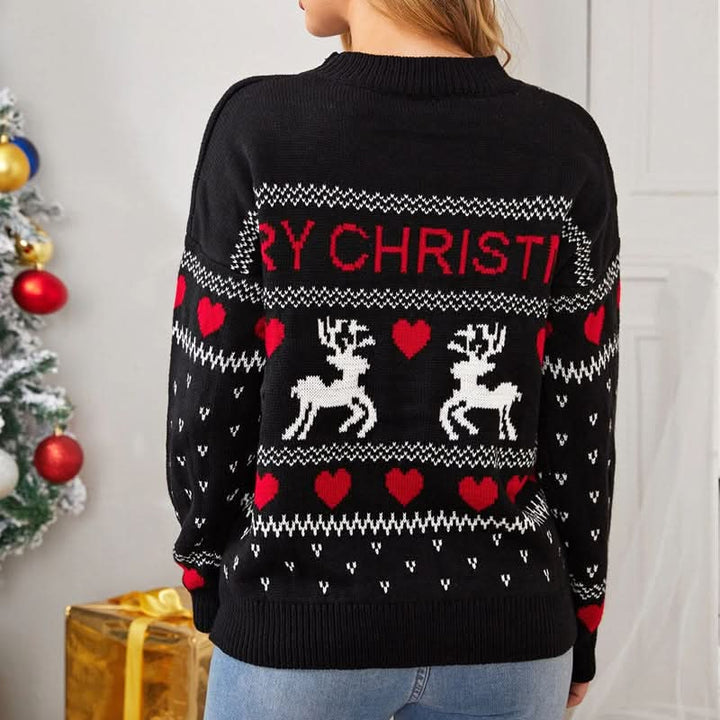 Adorable Christmas Elk Heart Design Pullover Sweater for Women