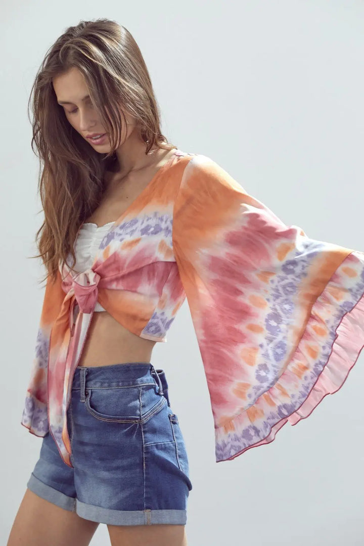 Frilly Sleeve Tie-Dye Cropped Cardigan with Front Knot Indigo Arrowwood