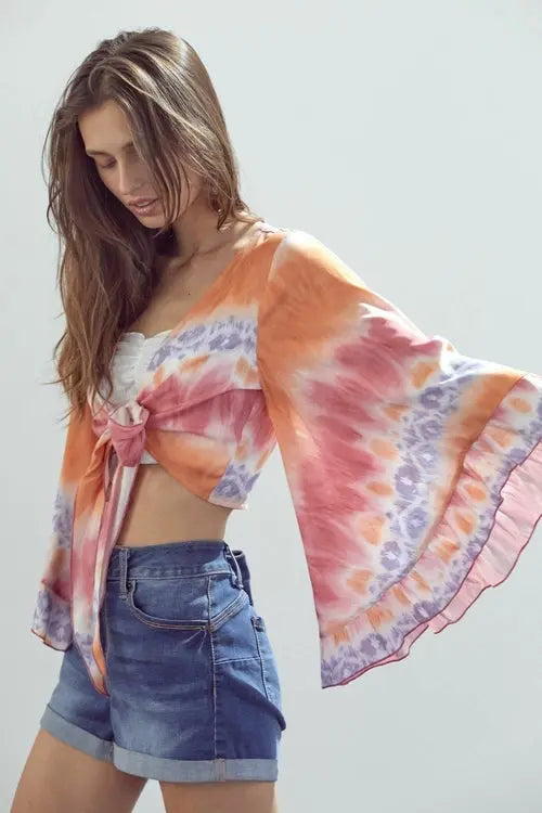 Frilly Sleeve Tie-Dye Cropped Cardigan with Front Knot Indigo Arrowwood