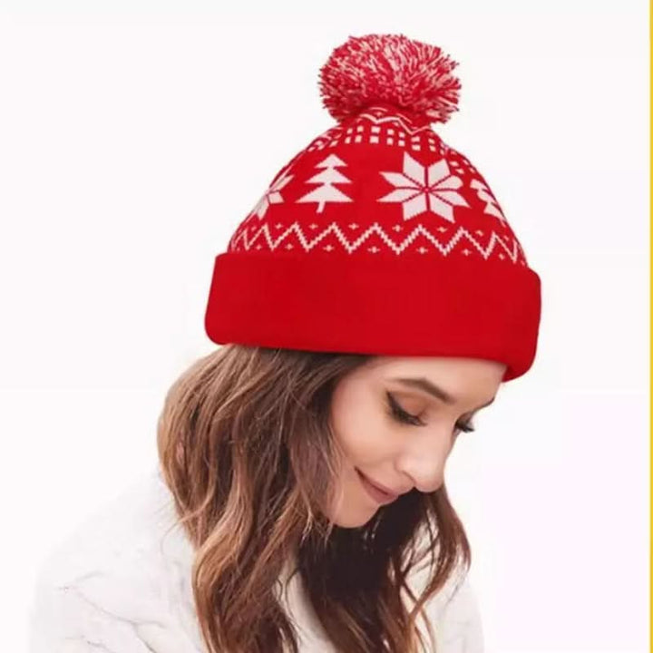 Knitted Jacquard Christmas Beanie with Fluffy Pom-Pom – Thermal Acrylic Hat Capri Clothes