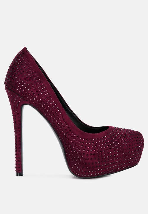 Elegant Faux Suede High Heeled Pumps with Diamante Embellishments Ruby Smudge