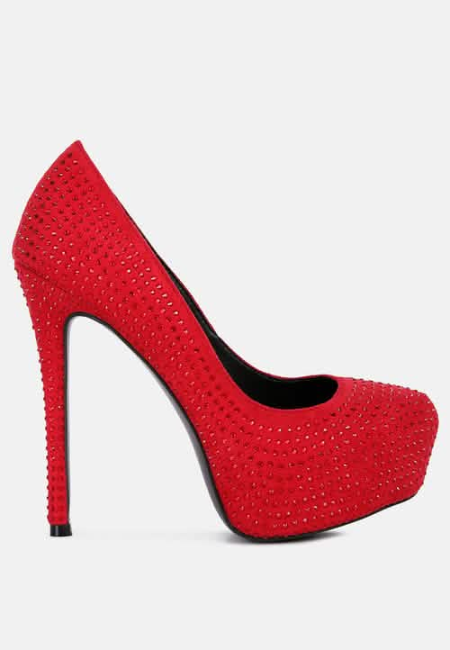 Elegant Faux Suede High Heeled Pumps with Diamante Embellishments Ruby Smudge