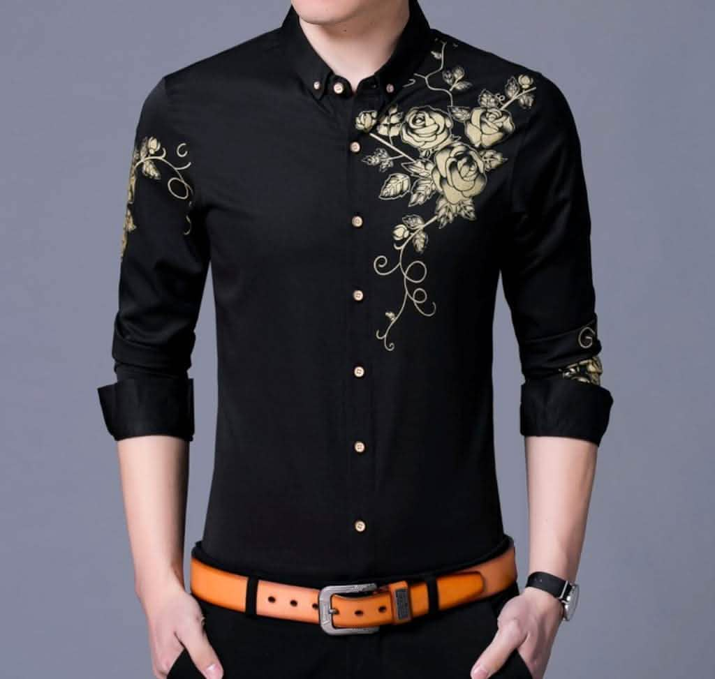 Men's Trendy Slim Fit Long Sleeve Shirt with Floral Design Yellow Pandora