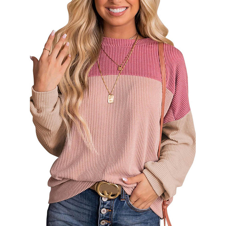 Womens Color Block Long Sleeve Crewneck Knitted Casual Pullover Tops Peach Castor