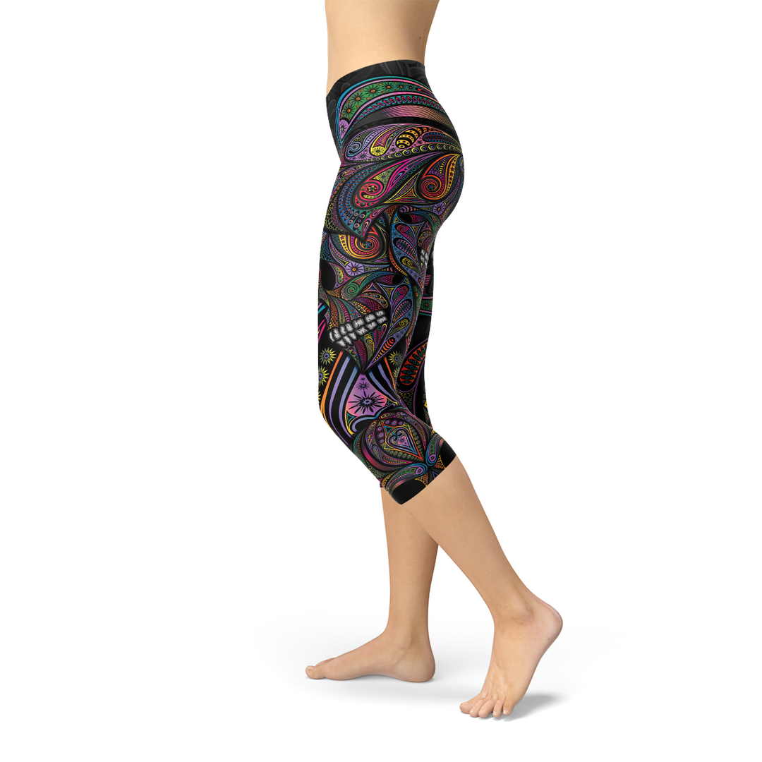 Vibrant Women's Sugar Skull Capris for Unmatched Comfort Maroon Sooty