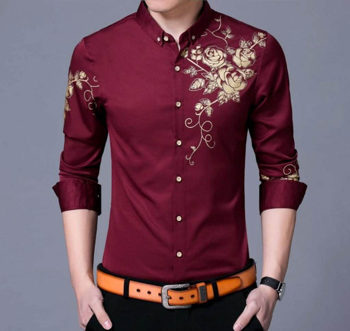 Men's Trendy Slim Fit Long Sleeve Shirt with Floral Design Yellow Pandora