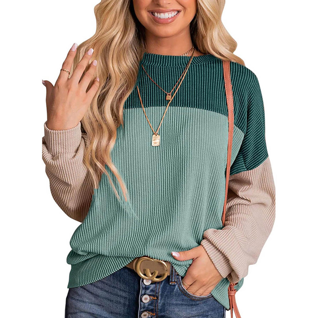 Womens Color Block Long Sleeve Crewneck Knitted Casual Pullover Tops Peach Castor