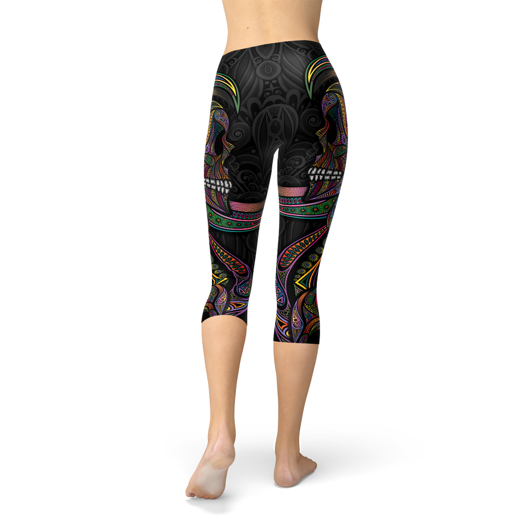 Vibrant Women's Sugar Skull Capris for Unmatched Comfort Maroon Sooty