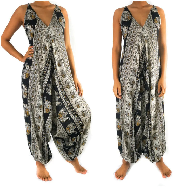 Bohemian Black Elephant Maxi Jumpsuit Romper Tan Smokey