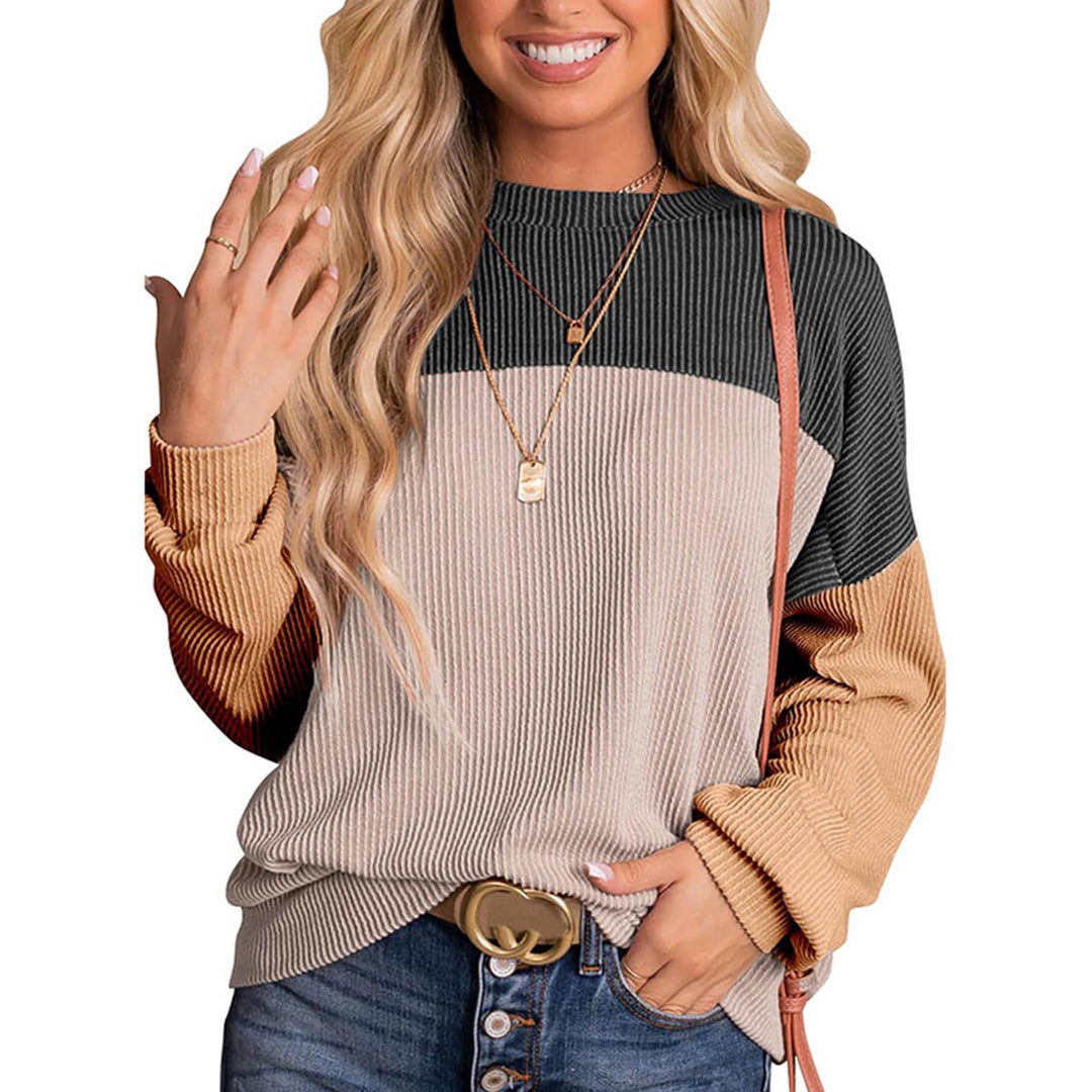 Womens Color Block Long Sleeve Crewneck Knitted Casual Pullover Tops Peach Castor