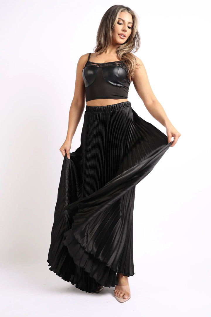 Sophisticated High Waist Pleated Satin Maxi Skirt for Formal Occasions - BLACK Puce Juniper