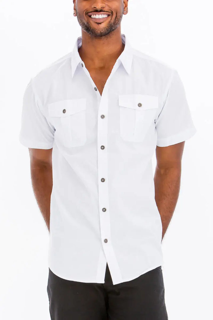 Short Sleeve White Button-Up Shirt with Pocket Details Lime Milo