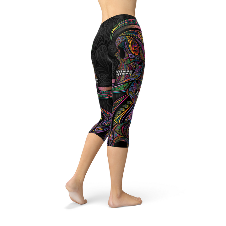 Vibrant Women's Sugar Skull Capris for Unmatched Comfort Maroon Sooty