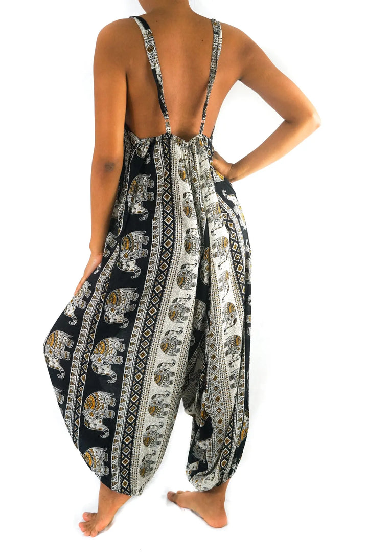 Bohemian Black Elephant Maxi Jumpsuit Romper Tan Smokey