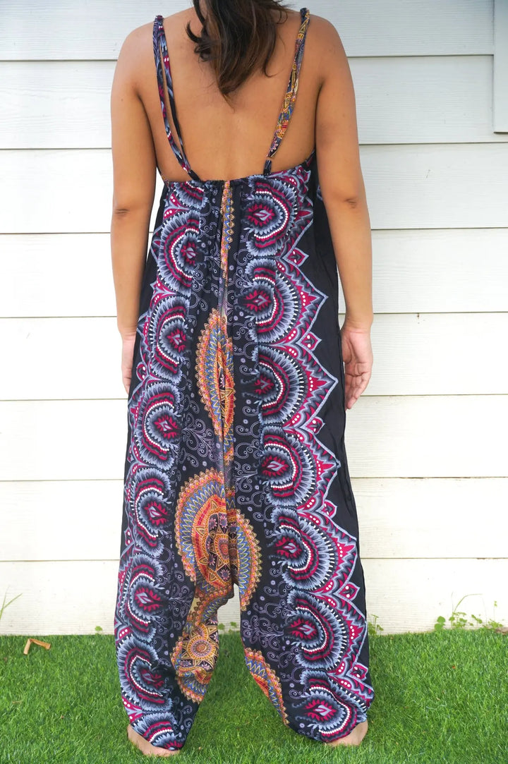 Chic Bohemian Black Mandala Festival Wide-Leg Jumpsuit Tan Smokey