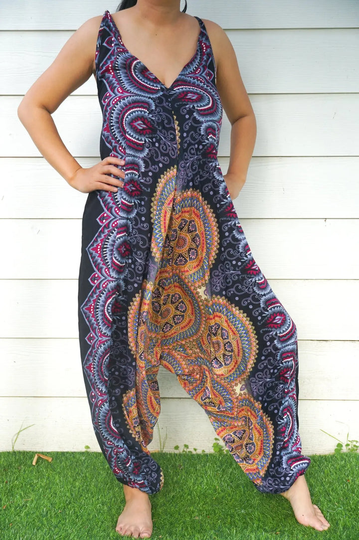 Chic Bohemian Black Mandala Festival Wide-Leg Jumpsuit Tan Smokey